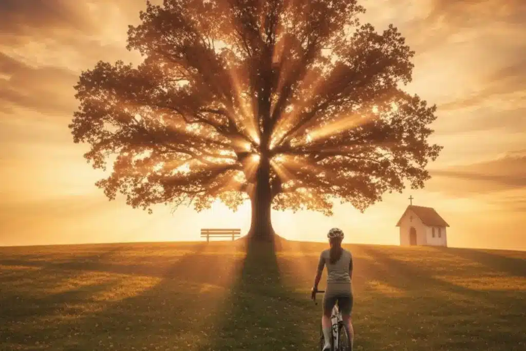 Femme cycliste face à un grand arbre illuminé par un coucher de soleil éclatant, avec une chapelle en arrière-plan.