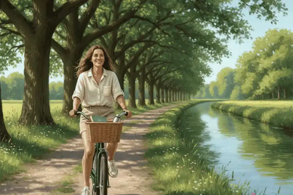 Femme souriante à vélo de ville sur un chemin arboré le long d'un canal, évoquant une balade paisible en nature.