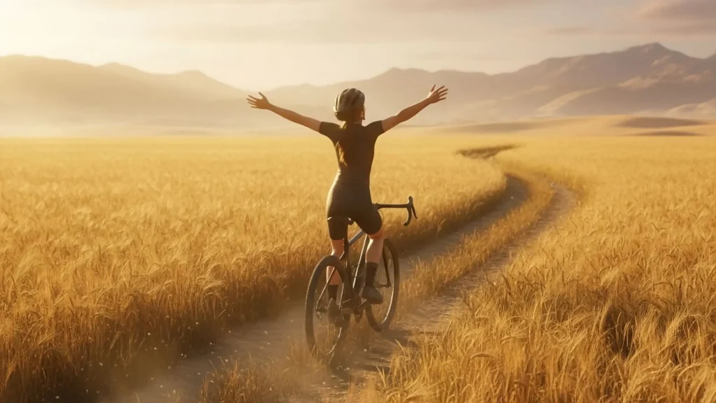 Femme cycliste bras ouverts dans un champ de blé doré au coucher du soleil, symbolisant la liberté et l'évasion.